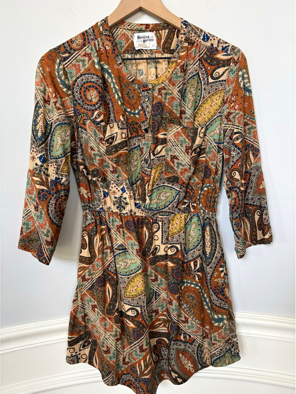 Anthropologies Holding Horses V-Neck Button Front 3/4 Sleeve Print Dress Size 2